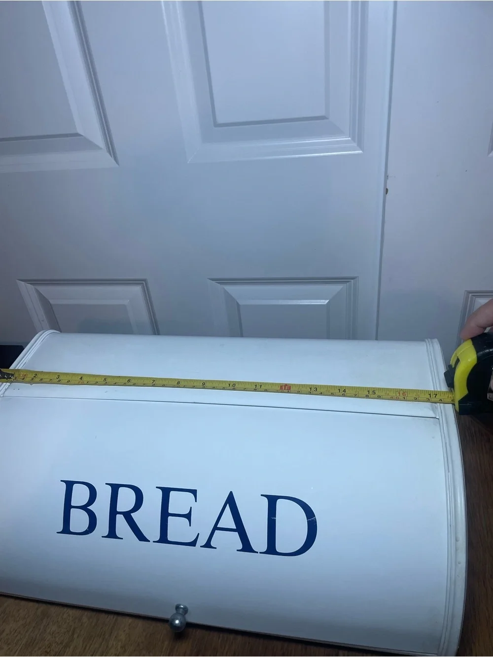White Metal Roll Top Bread Box Blue Lettering Farmhouse Kitchen Storage